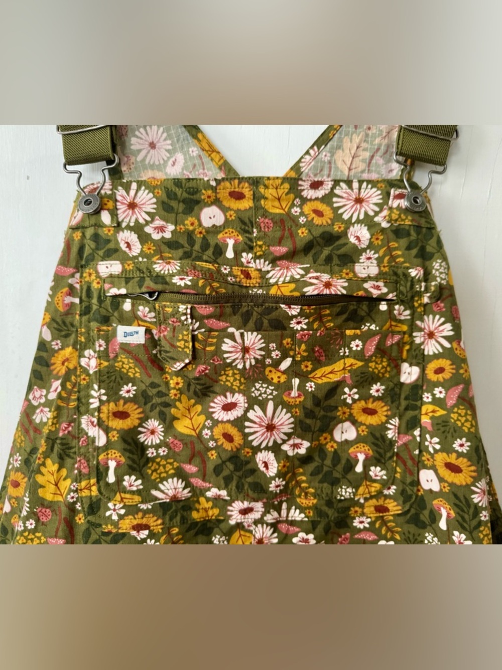 Duluth Trading Floral Mushroom Heirloom Overalls, size XL 31”
